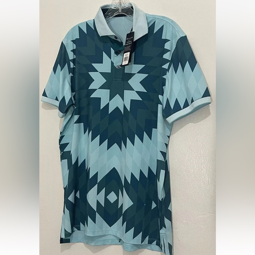 Greyson Polo Shirt Big Sky Stretch Performance Aztec Geometric Print Medium NWT